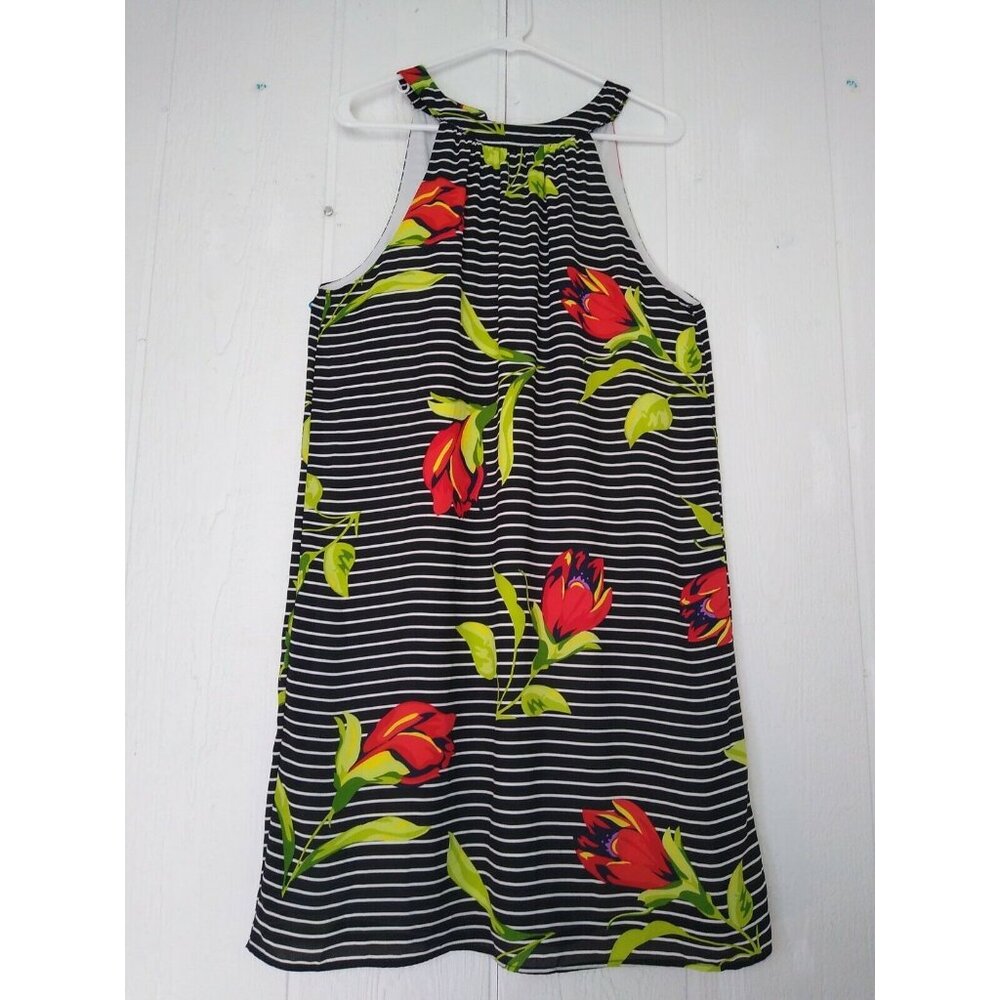 Gilli Navy Blue Multi-Colored Floral Striped Sleeveless Knee Length Dress Sz M